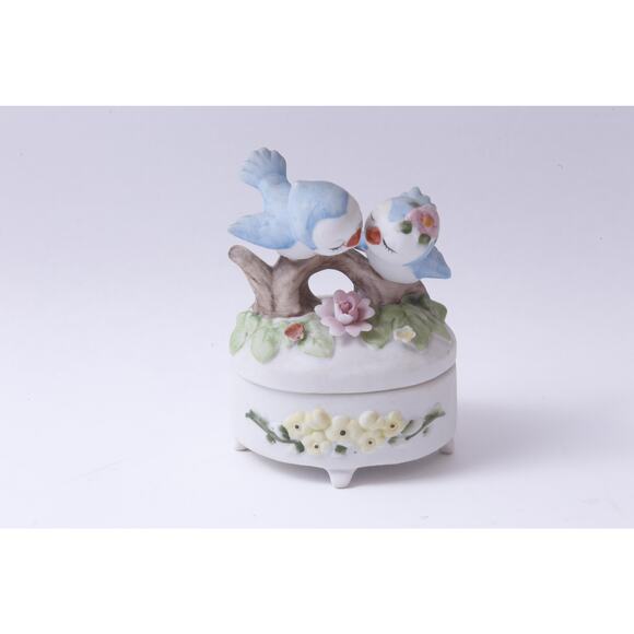 Two Birds, Couple, Ceramic, Oval Box, Floral Pattern, White, 4" Tall, Jewelry, - Picture 1 of 4